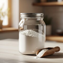Flour jar with scoop, rustic wooden counter, ambient kitchen lighting