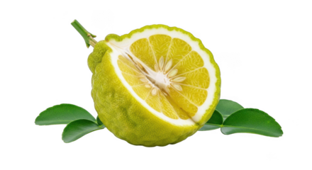 Fresh citrus fruit half with green leaves on a contrasting background transparent background black background
