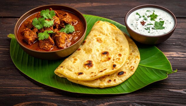 Indian Mutton Curry Parotta Raita Meal Served On Banana Leaf