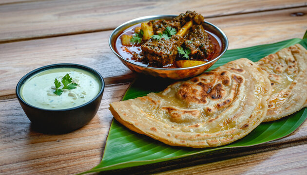 Traditional Mutton Curry Parotta Raita served on Banana Leaf