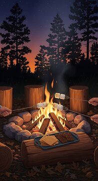 Campfire at Sunset with Marshmallows and Smores.