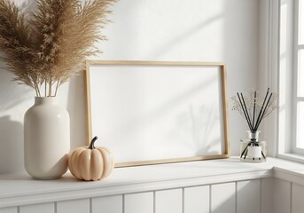 Autumnal minimalist home decor concept with a blank wooden frame, pampas grass, and decorative pumpkin