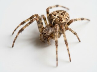 A detailed macro photograph highlights the brown and beige patterning of a european garden spider standing still, isolated on a bright white background.