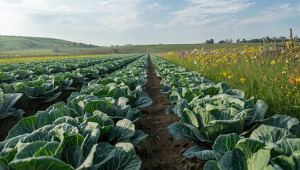 Fototapeta premium Lush cabbage and chili crops in a vegetable farm, highlighting seasonal harvest