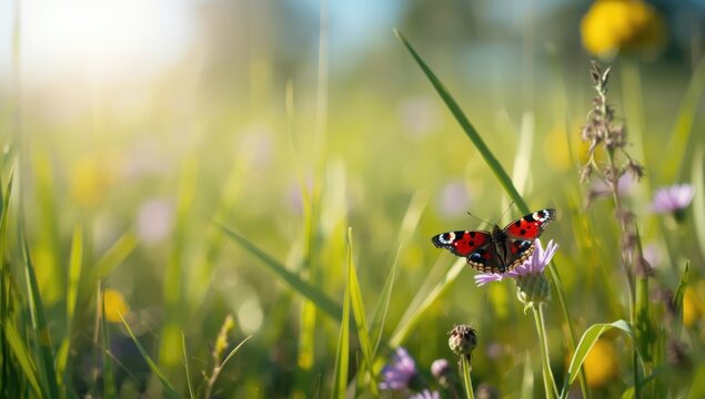 Zygaena filipendulae perched on vibrant purple bloom amidst lush grass during summer, highlighting insect-plant interactions