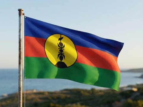 A vibrant, high-contrast close-up of the kanak flag waving proudly on a flagpole, set against a sunny, blurred coastal background.
