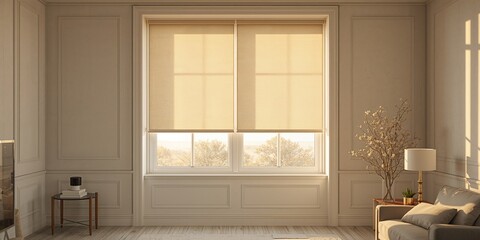 Fototapeta premium Window with roller blinds, interior decor element for privacy, daytime lighting