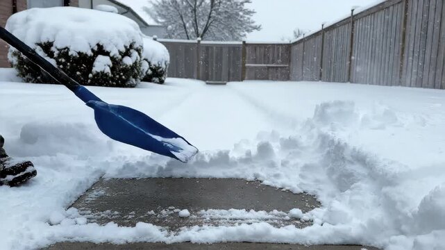 Person shoveling deep snow from a backyard path. Clearing a walkway with a blue shovel during a winter storm. Home maintenance and snow removal concept.