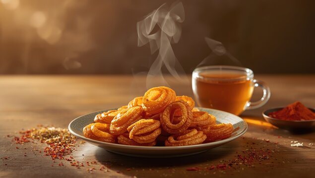 Deep-fried spiral snack enjoyed with tea, highlighting regional snack styles across northern and western India