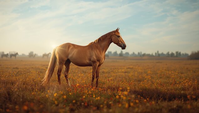 Autumn scene with a horse in a farm field, highlighting breeding activity during fall