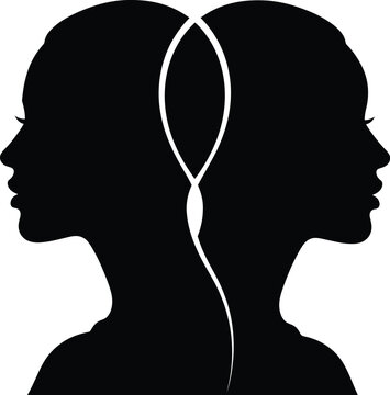 Silhouette of two female heads facing opposite directions representing duality, psychology, twins, and split personality concept. Vector illustration