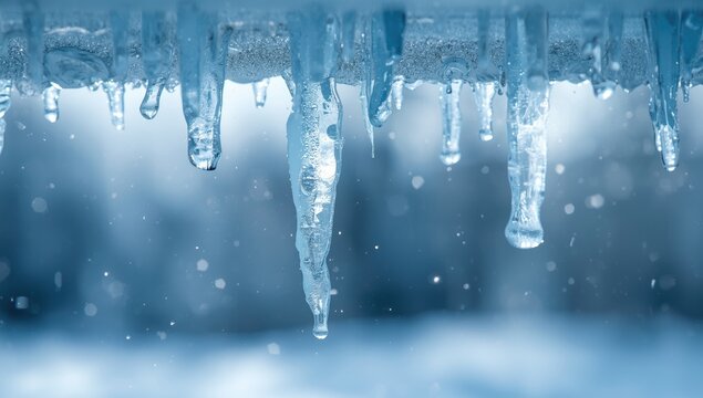 Blue icicles with melting water droplets, illustrating temperature fluctuation and natural weathering, winter season