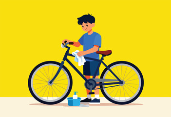 Obraz premium A child cleans a bicycle with a cloth, soap, and bucket