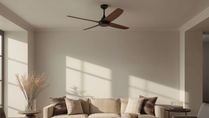 Contemporary living space featuring ceiling fan, furniture, and decor elements, ideal for interior styling