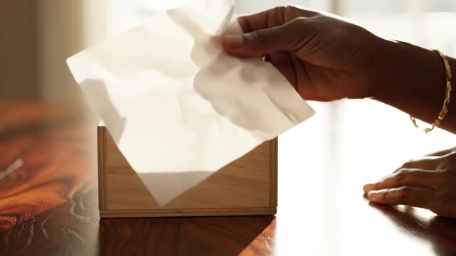 Woman Pulling Tissue From Box on Wooden Table