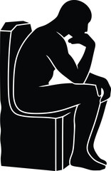 Black silhouette of a pensive man sitting on a chair in a deep thinking pose for philosophical concepts. Vector illustration