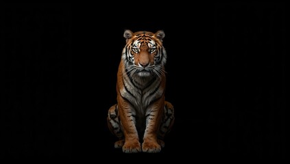 Fototapeta premium Large tiger facing forward on black backdrop, highlighting predator awareness and presence, Earth Day