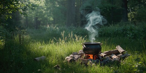 Mint herbal tea brewing on a campfire amidst nature, focusing on outdoor drinkmaking