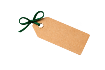 Blank kraft gift tag on transparent background, green ribbon bow, empty label for pricing, retail sale, handmade crafts, packaging and branding
