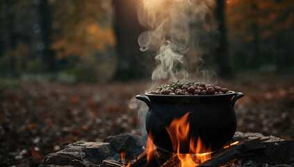 Traditional outdoor cooking scene with a cauldron and chestnuts roasting, highlighting rustic food methods