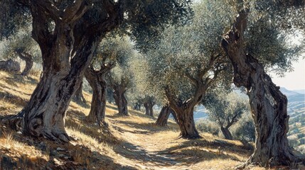 Obraz premium An ancient, gnarled olive grove on a hillside in Greece, the silvery leaves of the trees shimmering in the hot summer sun, rustic and timeless landscape. 