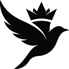 Fototapeta premium Elegant black bird silhouette wearing a royal crown flying upwards isolated on white background for branding and logo. Vector illustration