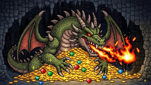 Green dragon sitting on treasure hoard.