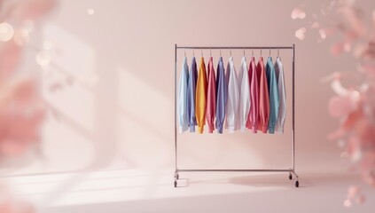Clothes hanging on a rack after dry cleaning, suitable for laundry service advertising