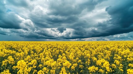 Obraz premium Canola flower fields in bloom, a vast landscape of intense yellow under a dramatic, cloudy sky, creating a powerful contrast, wide-angle panoramic shot. 