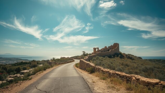 Cyprus road adjacent to historical site used for tourism and exploration, scenic travel route, World Heritage Day