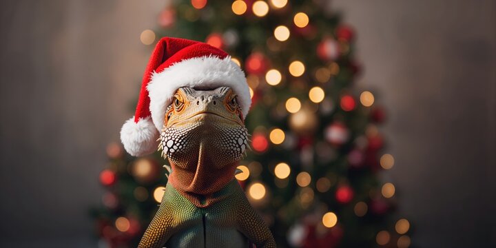 Reptile dressed in Santa hat, festive costume for reptiles