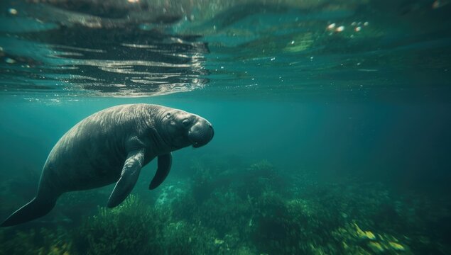 Sea cow gliding just below the water's surface in tropical ocean habitat, highlighting marine animal behavior