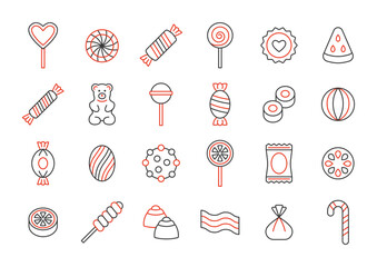 Candy line color icon set. Vector collection with lollipop, sweets, caramel, candy cane, chocolate, gummy bear.