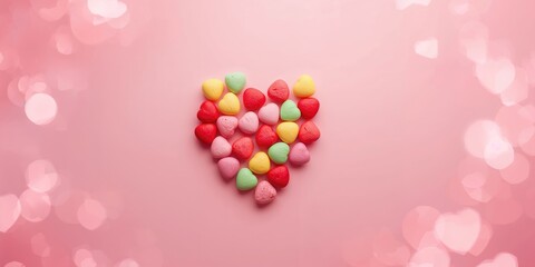 Obraz premium Brightly colored Valentine's Day candy hearts scattered for festive treat presentation