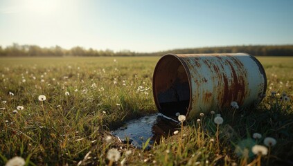 Obraz premium Oil barrel with leaks in a rural setting, pollution control concern