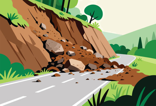 Mudslide cascades down a wooded hillside, burying a winding road