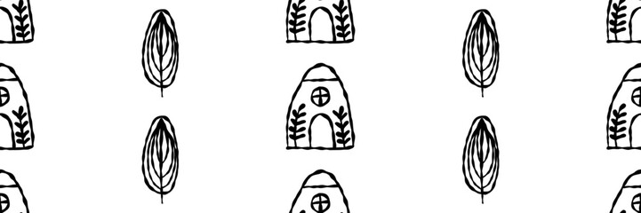 Cute seamless pattern with hand drawn houses and trees. Scandinavian doodle wallpaper in minimal line style. Vector illustration on an isolated background.