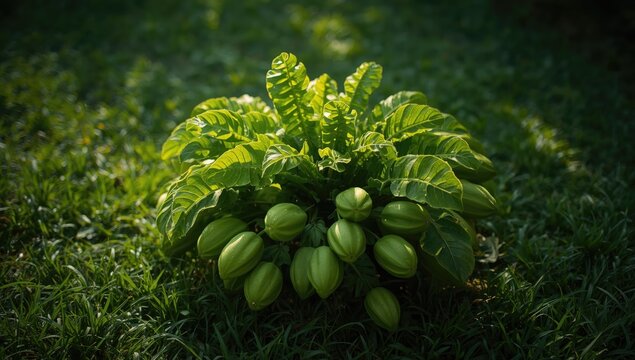 Bright green leaves of a plant, used as a decorative backdrop for environmental awareness materials, Earth Day