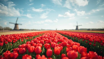 Close-up of vibrant red tulips in a flower farm, landscape for floral arrangements