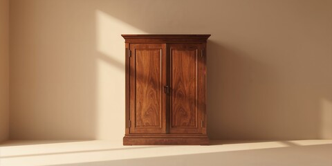 Wooden cabinet with a natural finish used for storage organization, craftsmanship and durability
