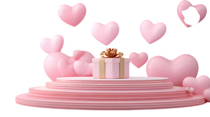 Pink Gift Presentation with Hearts 3d rendered, isolated on transparent background