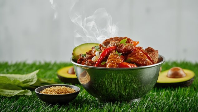 Stainless steel bowl containing marinated Filipino meat and spices, emphasizing culinary freshness