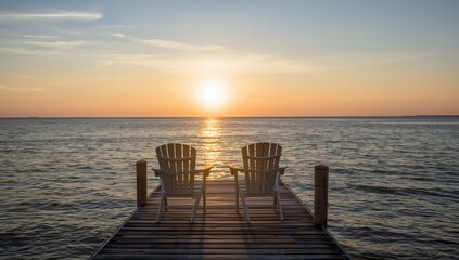 Fototapeta premium Adirondack chairs positioned on a dock, oriented towards the sunrise, promoting leisure and early morning activity