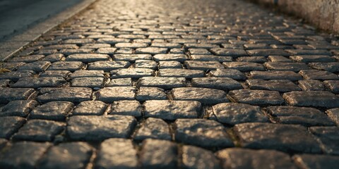 Detailed view of aged cobblestone surface serving as a background for text and layout, urban setting, World Urbanism Day