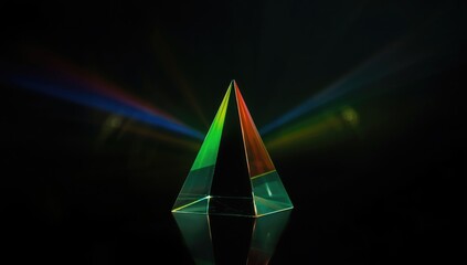 Spectral dispersion of light through a glass prism against a dark backdrop, applicable in optics research and educational displays