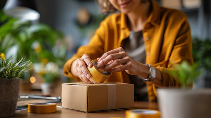 Faceless person taping box with hands on table, carefully sealing container, shipping preparation, secure packaging, safe delivery, ecology concept, with copy space