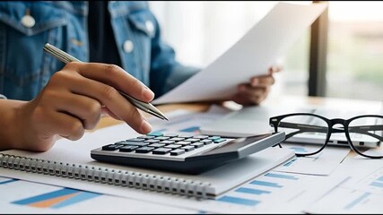 Accountant calculates finance using calculator - Powered by Adobe