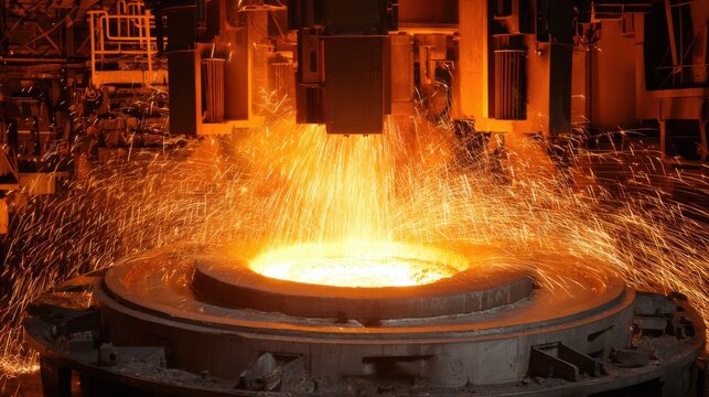 Dynamic medium shot of high frequency induction furnace at work emphasizing energyefficient metal melting and bright sparks from electromagnetic induction heating.