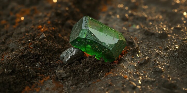Uncut tektite meteoric glass embedded in muddy earth along with mineral deposits, highlighting geological exploration