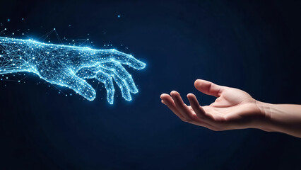 Human hand reaching out to a luminous digital network hand symbolizing connection technology and artificial intelligence on white background